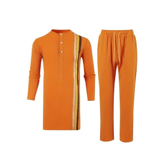 African Formal Dashiki Vibrant Orange Shirt & Pant Suit Traditional Dress Outfit - Picture 2 of 9